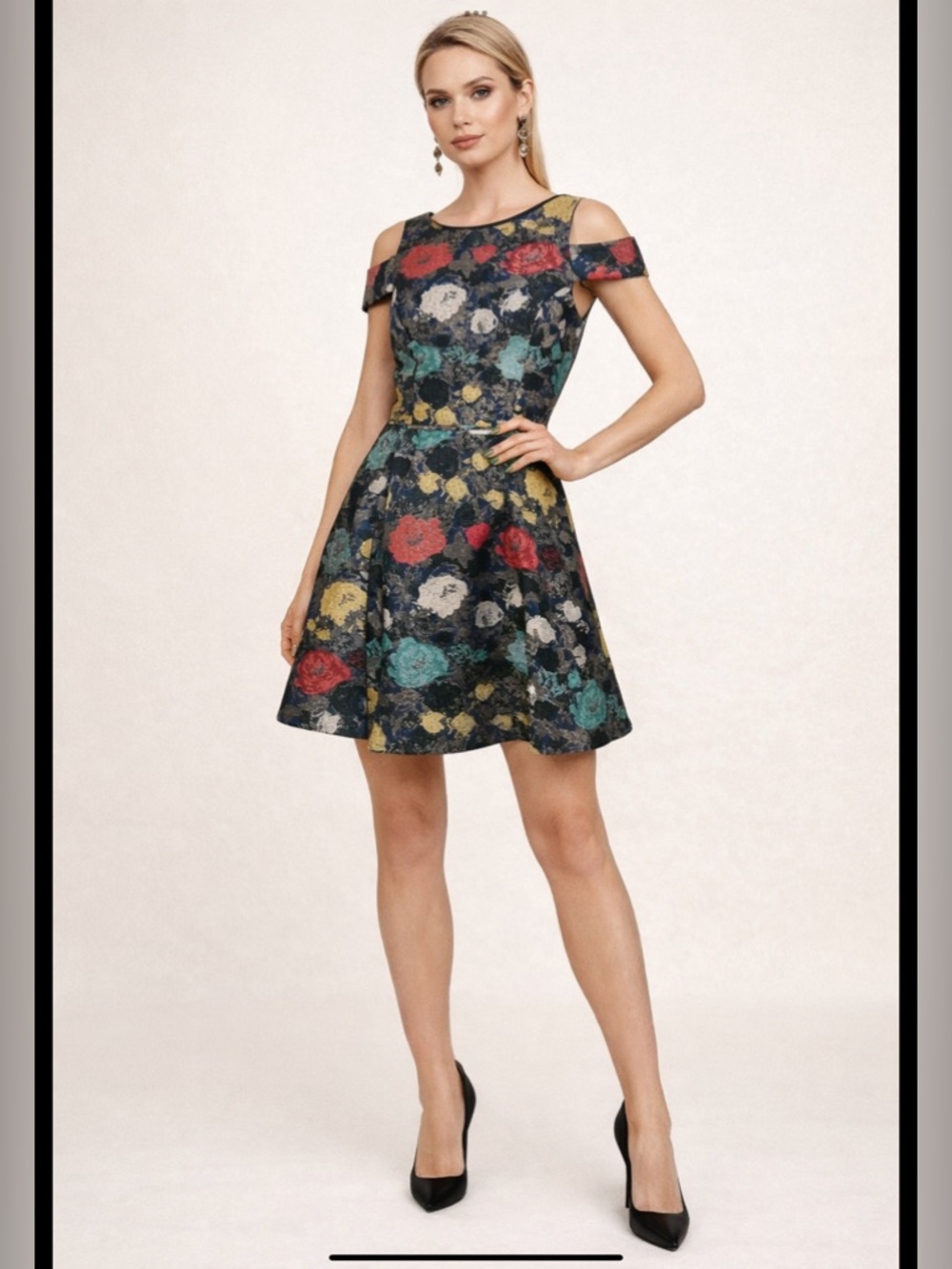 Tahari Cold Shoulder Floral Fit & Flare Metallic Jacquard dress 8 chic,cocktail - Picture 2 of 16